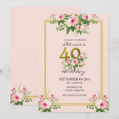 Invitation Joli 40e anniversaire Floral Rose and Gold (Devant / Derrière)