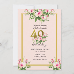 Invitation Joli 40e anniversaire Floral Rose and Gold