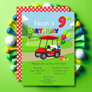Invitation Joli 9e Anniversaire Panier de Golf Rouge Garçon