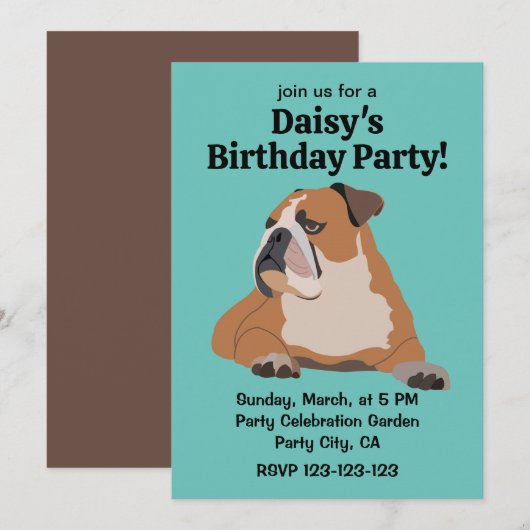 Invitation Joli anglais Bulldog Pet Anniversaire (Devant / Derrière)