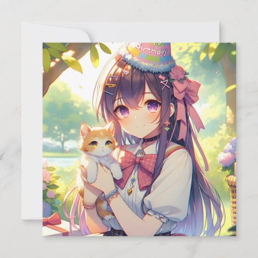 Invitation Joli Anime Holding Kitten Girl'Anniversaire (Devant)