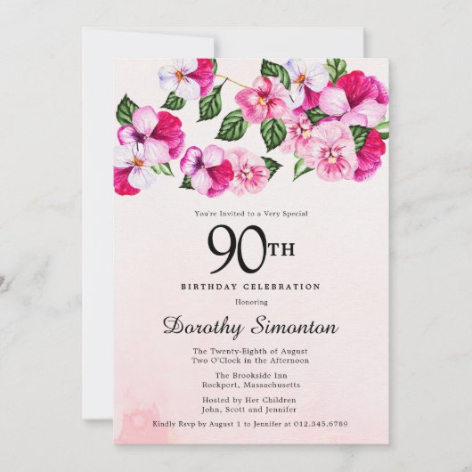 Invitation Joli Anniversaire 90 Ans Fleur Magenta Rose Blanc (Devant)