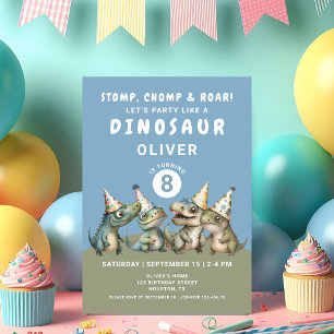 Invitation Joli anniversaire de 8 ans de dinosaure qui piétin