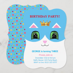 Invitation Joli Anniversaire de Chat Prince Tuxedo Turquoise 