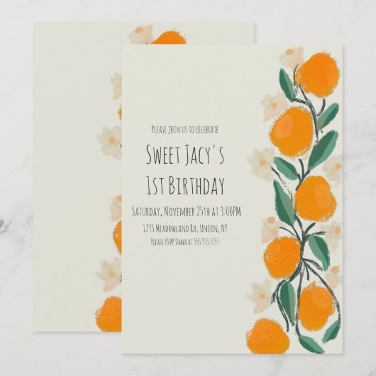 Invitation Joli Anniversaire Floral Botanique Orange Sucré (Devant / Derrière)