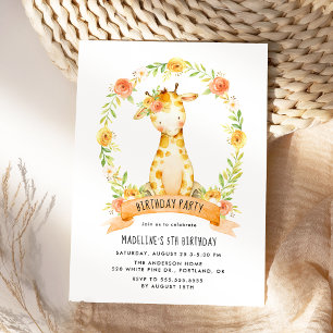 Invitation Joli Anniversaire Girafe Orange Aquarelle Florale
