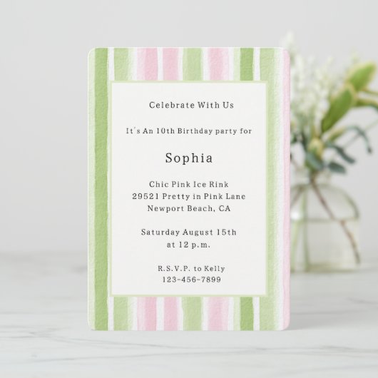 Invitation Joli Anniversaire Rayures Rose Menthe (Debout devant)