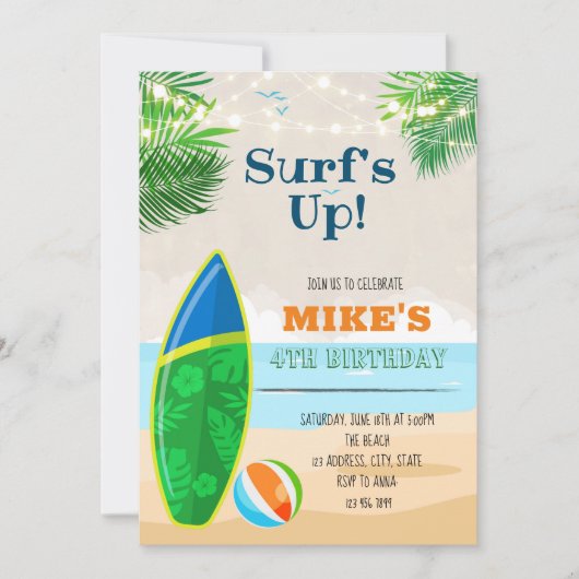 Invitation Joli anniversaire surf plage (Devant)