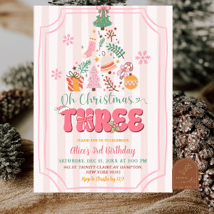 Invitation Joli Anniversaire Trois Noël Fille Rose Rétro