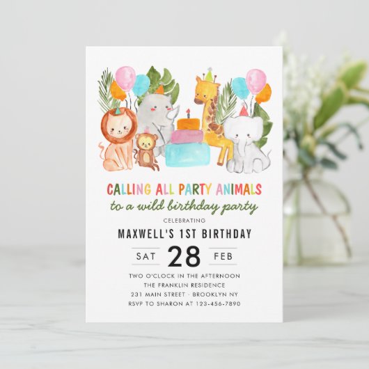 Invitation Joli Appels Tous Les Animaux De Fête Zoo Safari An (Debout devant)