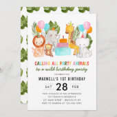 Invitation Joli Appels Tous Les Animaux De Fête Zoo Safari An (Devant / Derrière)