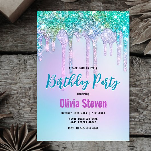 Invitation Joli Aqua Turquoise Unicorn Parties scintillant Dr