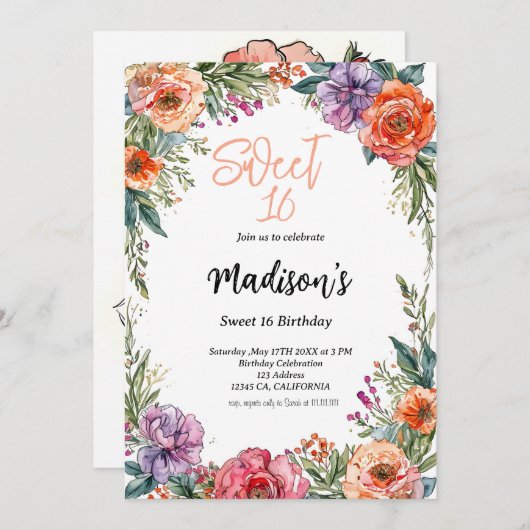 Invitation Joli arc d'aquarelle fleurie Sweet 16 (Devant / Derrière)
