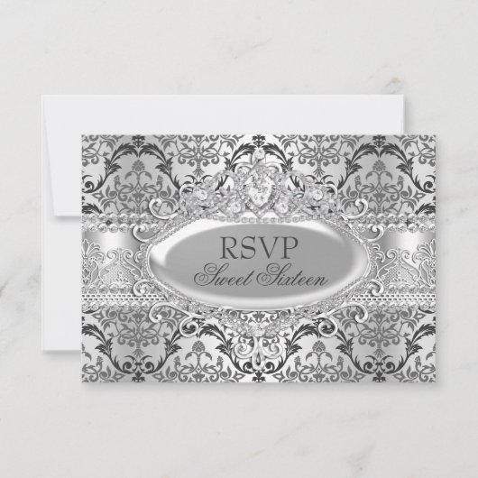 Invitation Joli Argent Damask Sweet 16 RSVP (Devant)