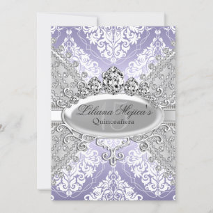 Invitation Joli Argent Pourpre Damask & Tiara Quinceanera