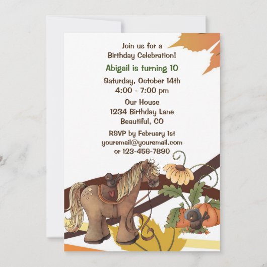 Invitation Joli automne Pony et Corneilles Automne Cheval Ann (Dos)