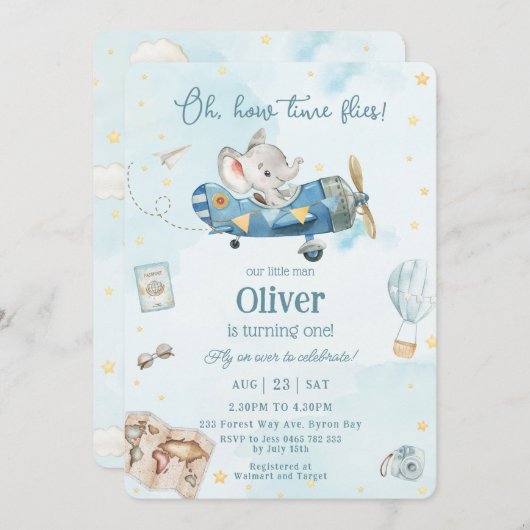 Invitation Joli avion éléphant Aventure Temps mouches Anniver (Devant / Derrière)