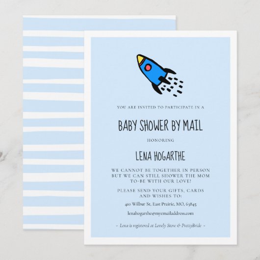 Invitation Joli Baby shower bleu roquette garçon par mail (Devant / Derrière)