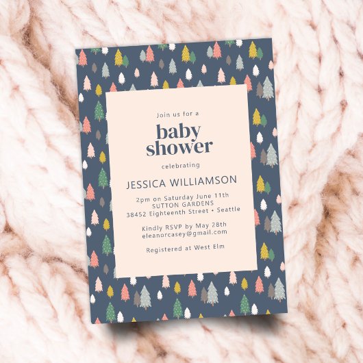 Invitation Joli Baby shower bleu vert des arbres de Noël