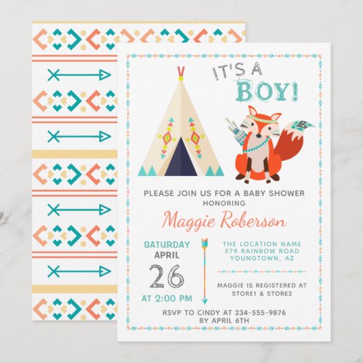 Invitation Joli Baby shower Boy Boho Boho Boy Fox Woodland (Devant / Derrière)