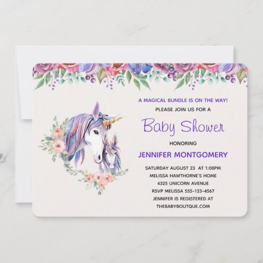 Invitation Joli Baby shower d'aquarelle maman et bébé Unicorn (Devant)