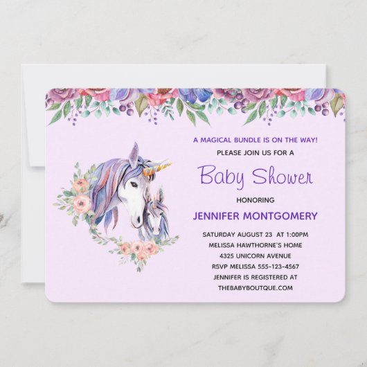 Invitation Joli Baby shower d'aquarelle maman et bébé Unicorn (Devant)