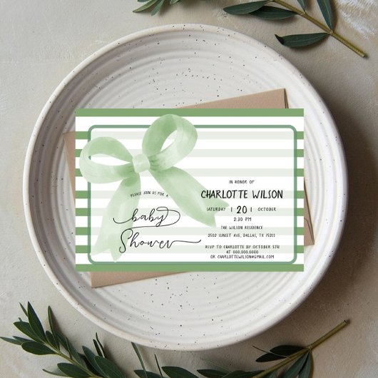 Invitation Joli Baby shower de Bow vert Aquarelle