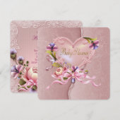 Invitation Joli Baby shower de coeur rose Damas (Devant / Derrière)