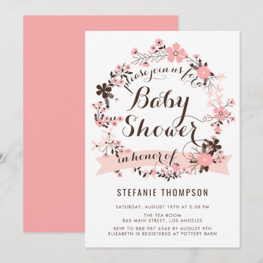 Invitation Joli Baby shower de couronne de fleurs rose (Devant / Derrière)