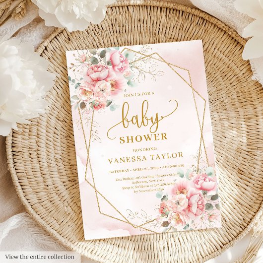 Invitation Joli baby shower de fille rose et or floral