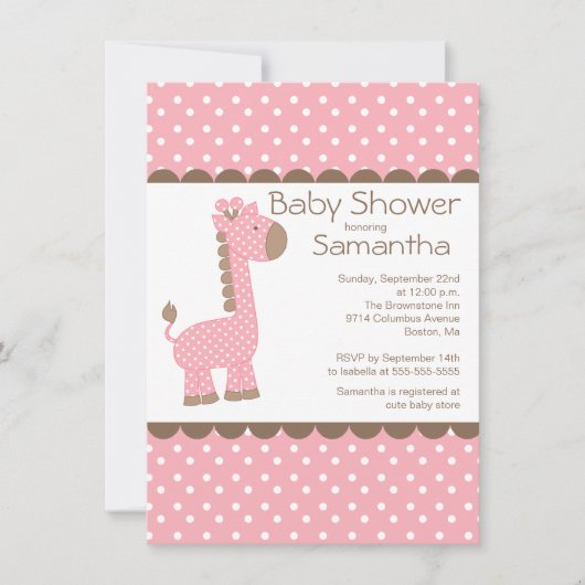 Invitation Joli Baby shower de filles Giraffe rose Brown (Devant)