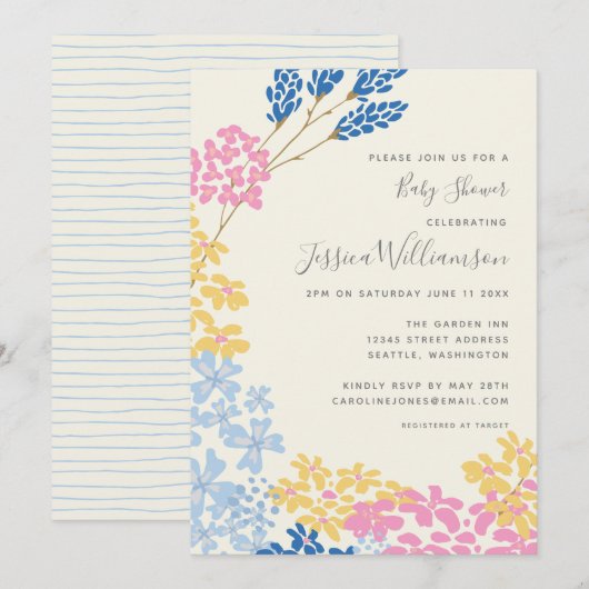 Invitation Joli Baby shower de fleurs bleu et jaune été (Devant / Derrière)