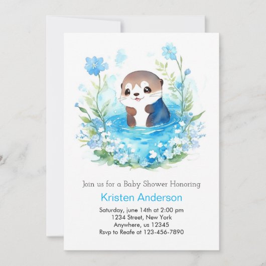 Invitation Joli Baby shower de garçon à Otter Floral Bleu Edi (Devant)