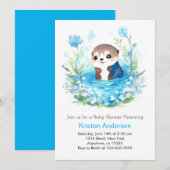 Invitation Joli Baby shower de garçon à Otter Floral Bleu Edi (Devant / Derrière)