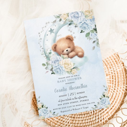 Invitation Joli Baby shower de garçon floral bleu lune