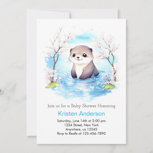 Invitation Joli Baby shower de garçon Floral bleu Otter souri (Devant)