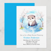 Invitation Joli Baby shower de garçon Floral bleu Otter souri (Devant / Derrière)