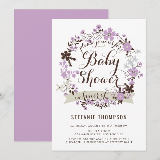 Invitation Joli Baby shower de gerbe de fleurs violettes et g (Devant / Derrière)