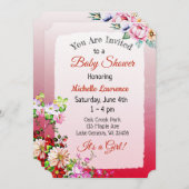 Invitation Joli Baby shower de la fille rouge florale (Devant / Derrière)