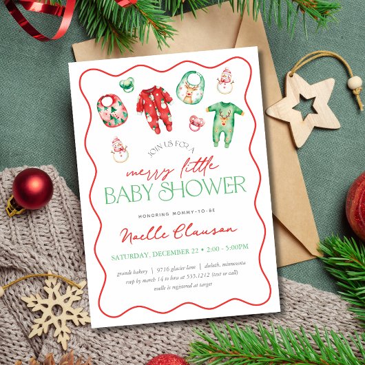 Invitation Joli Baby shower de Noël Rouge Vert Joyeux Petit