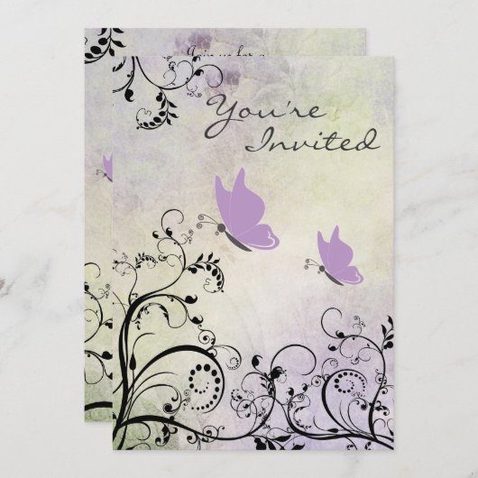 Invitation Joli Baby shower de papillon pourpre et de vignes (Devant / Derrière)