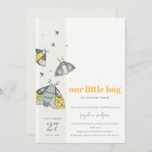 Invitation Joli Baby shower de petit bug gris jaune élégant (Devant / Derrière)