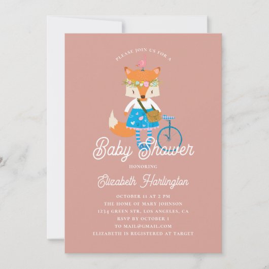 Invitation Joli baby shower de renard drôle. Bois rose (Devant)