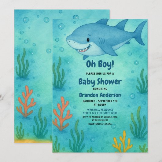 Invitation Joli Baby shower de requin bleu océan (Devant / Derrière)
