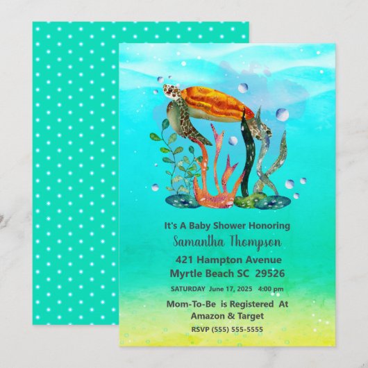 Invitation Joli Baby shower de tortue sous-marine (Devant / Derrière)
