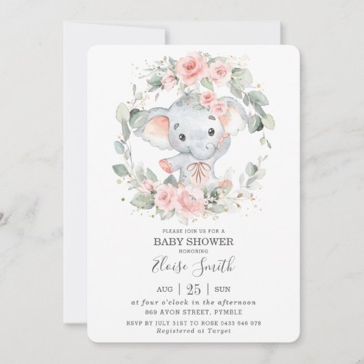 Invitation Joli Baby shower de verdure fleurie rose Eléphant (Devant)