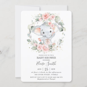 Invitation Joli Baby shower de verdure fleurie rose Eléphant