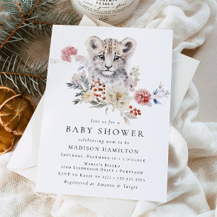 Invitation Joli Baby shower d'hiver Léopard de neige en aquar