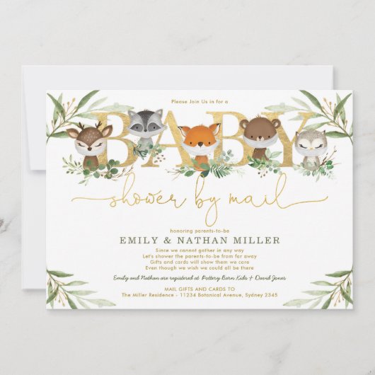 Invitation Joli Baby shower d'or en bois vert par la poste (Devant)