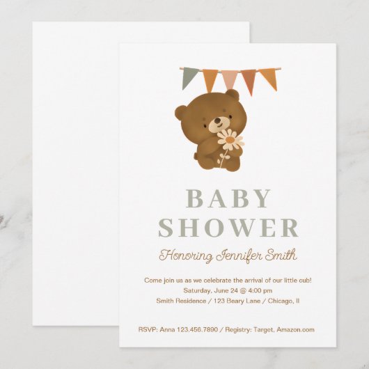 Invitation Joli Baby shower d'ours en peluche à l'aquarelle (Devant / Derrière)